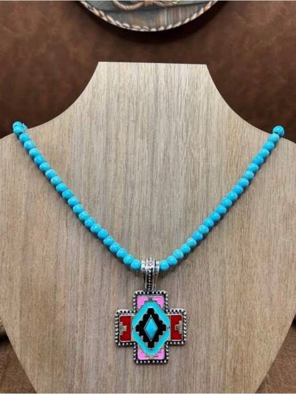 Western Necklace Turquoise Beaded Necklace with Southwest Cross Pendant